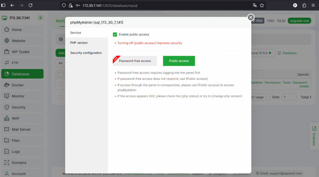 Database Control Panel